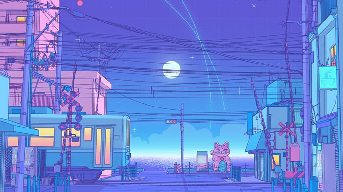 Anime City at Night with Train and Moon 4K