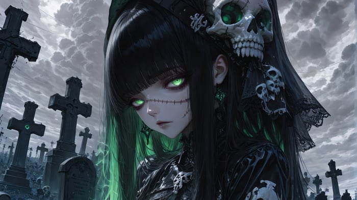 Anime Girl with Skull in Graveyard 4K