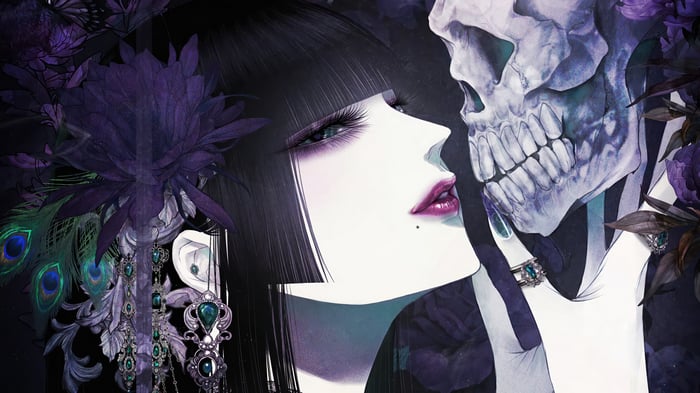 Anime Girl and Skull with Purple Flowers 4K