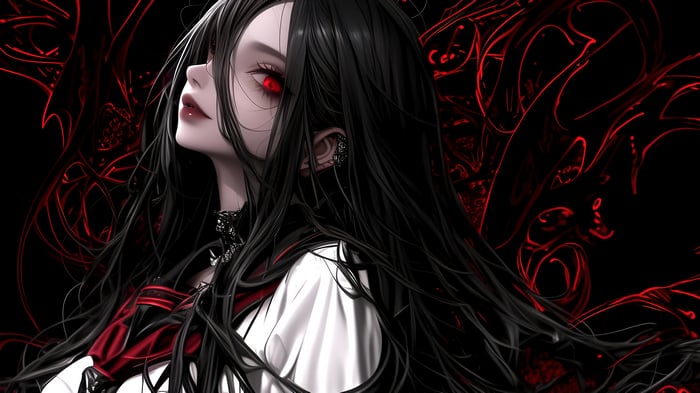 Anime Girl with Red Eyes and Black Hair 4K