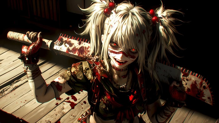 Anime Girl with Red Eyes and Chainsaw 4K