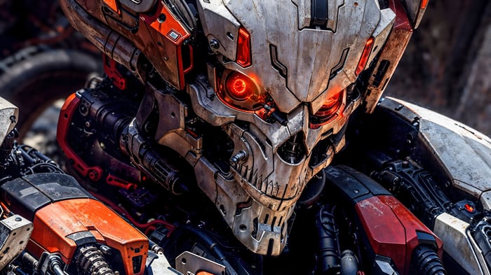 Mecha Robot with Skull Face and Glowing Red Eyes 4K