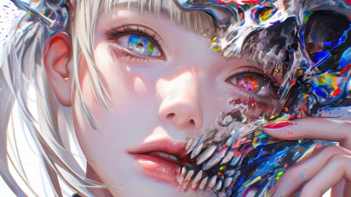 Anime Girl with Colorful Skull Face 4K