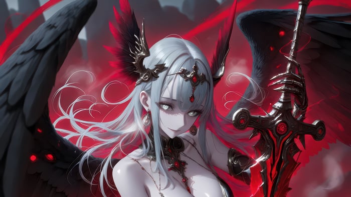 Anime Girl Warrior with Black Wings and Sword 4K