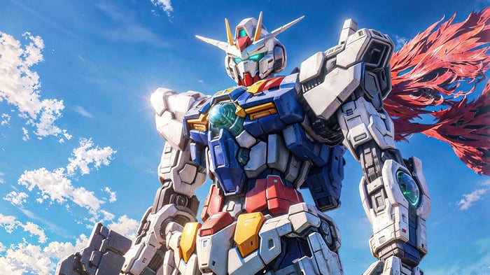 Gundam Robot in front of a blue sky with clouds
