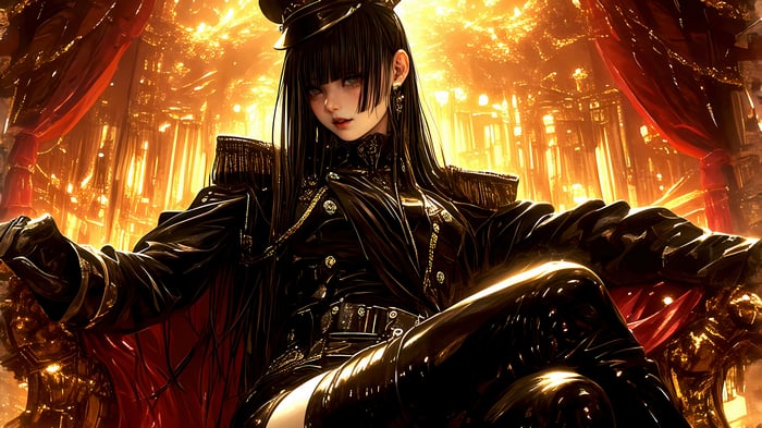 Anime Girl in Black Uniform Sitting on Throne