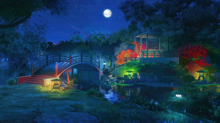 Japanese Garden at Night with Moon