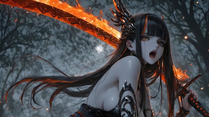 Anime Warrior Girl with Fiery Sword