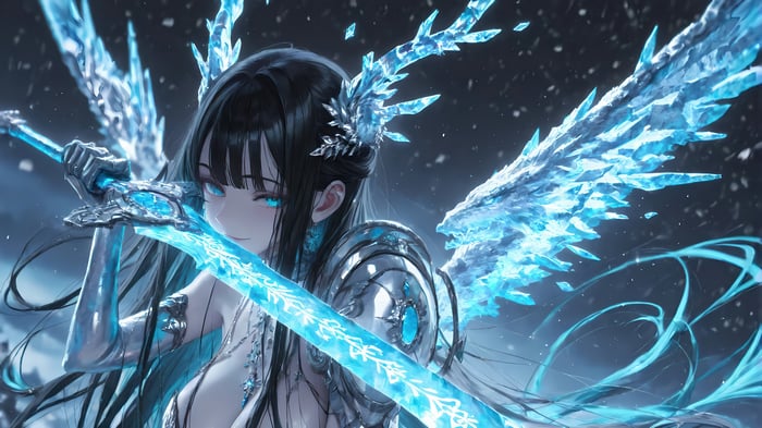 Anime Girl with Ice Wings and Sword 4K