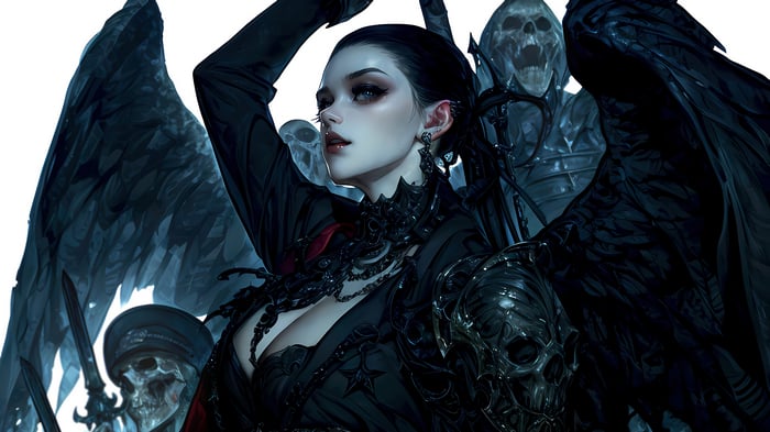 Anime Girl with Black Wings and Skeletons