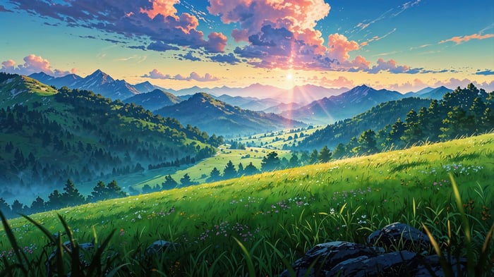 Sunrise over mountains and green hills 4K