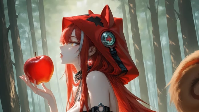 Anime Girl with Red Hair and Apple in Forest 4K