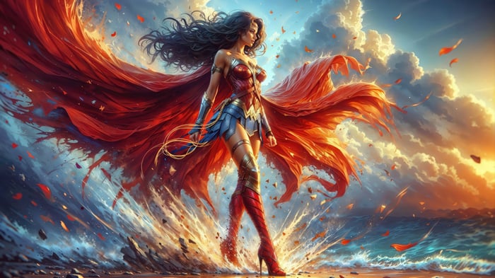 Wonder Woman in a dramatic pose with a red cape