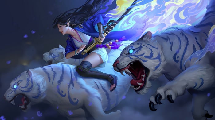 Girl Riding White Tigers with Katana 4K