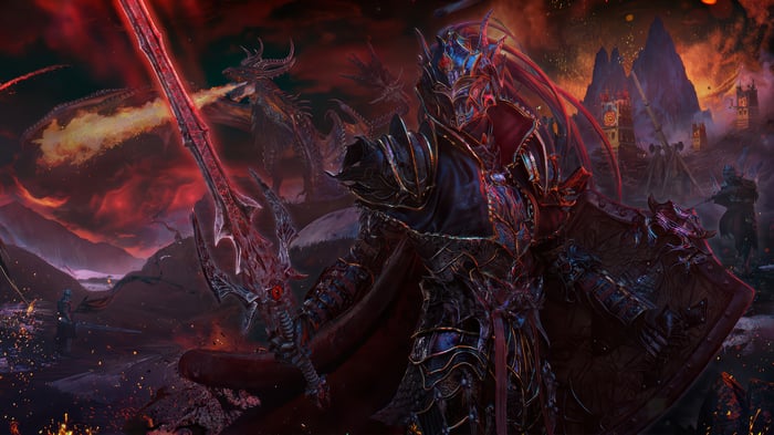 Knight with flaming sword and dragons in fantasy landscape 4K