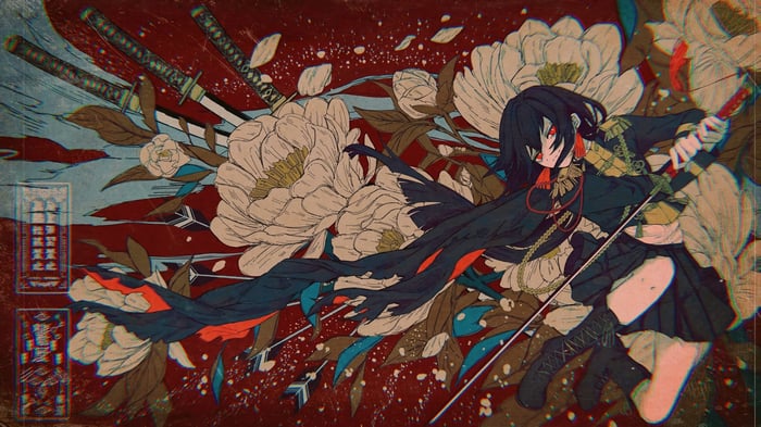 Anime Girl with Katana and Flowers 4K