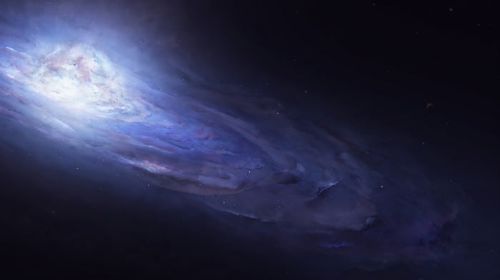 A swirling blue and white galaxy in deep space