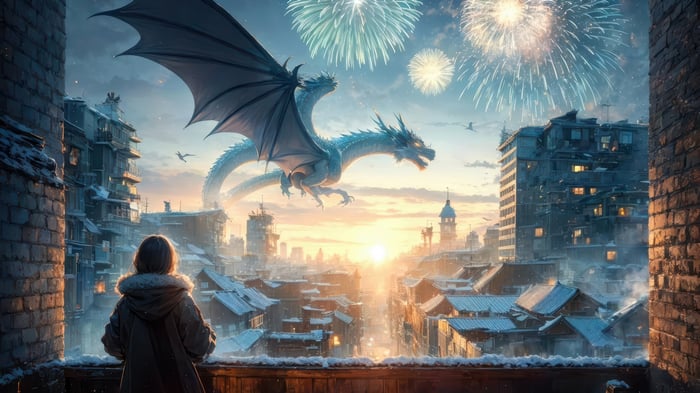 Dragon and Fireworks over Snowy City at Sunrise