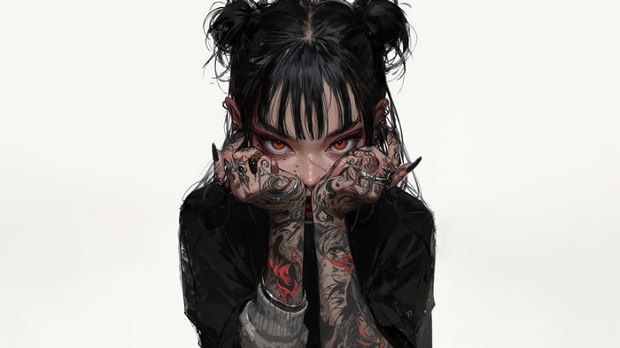 Anime girl with tattoos and red eyes