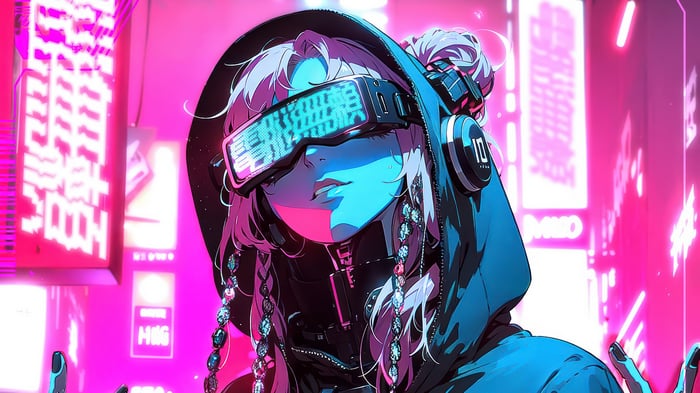 Anime Girl with VR Headset in Cyberpunk City 4K