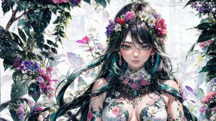 Anime Girl with Flowers in Fantasy 4K