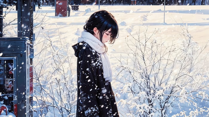 Anime Girl Standing in Snowing Weather 4K