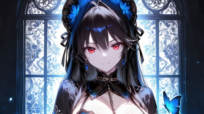 Anime Girl with Red Eyes and Blue Butterflies 4K