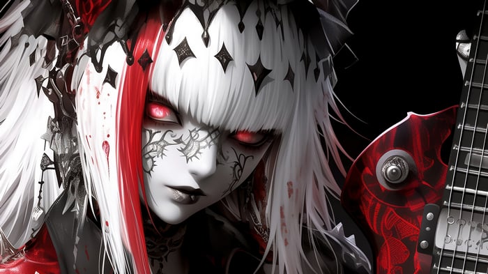 Anime Girl with Red Eyes and Guitar 4K
