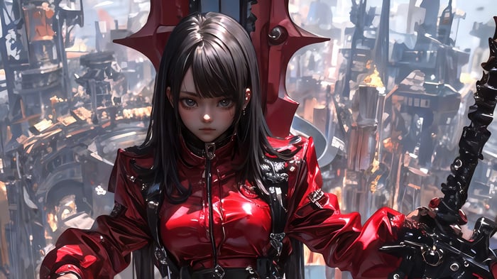 Anime Girl with Red Jacket and Sword in City 4K