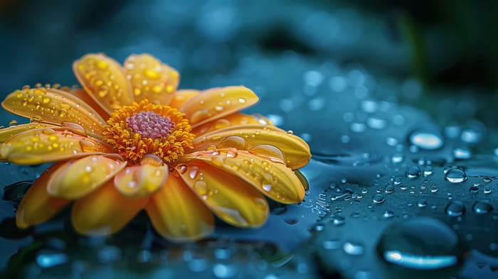 Yellow flower with raindrops, digital art, 4K