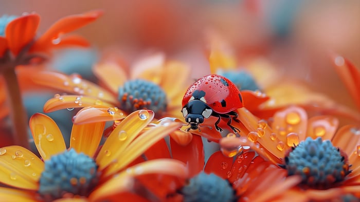 Ladybug on orange flowers with water droplets 4K