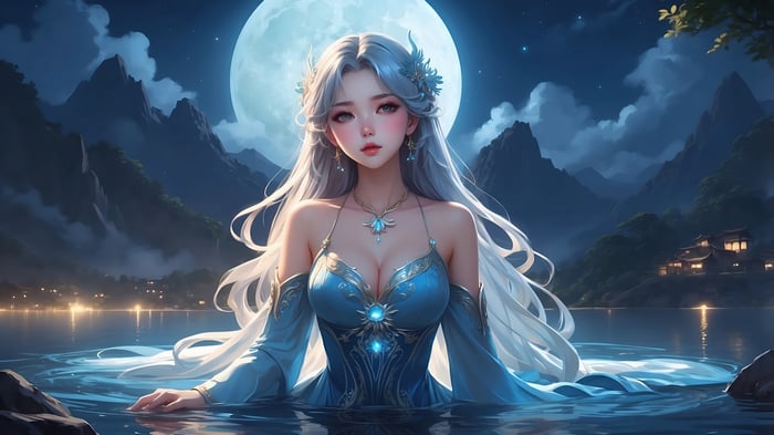 Fantasy Anime Girl in Blue Dress Under the Moon 4K