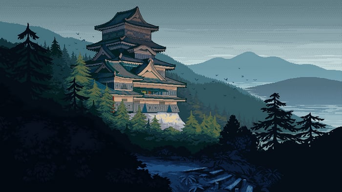 Pixel Art Japanese Castle in a Forest