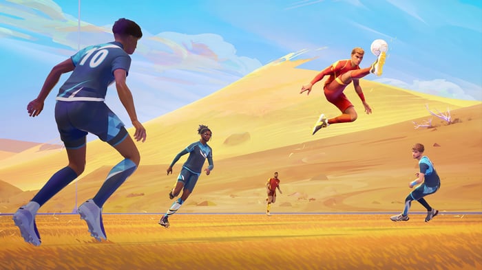 Soccer players in a desert landscape, 4K