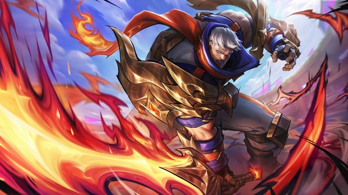 Garen from League of Legends with fiery sword