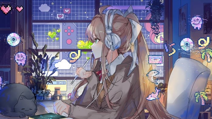 Monika from Doki Doki Literature Club wearing headphones