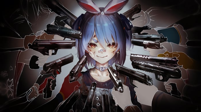 Anime girl with bunny ears surrounded by guns