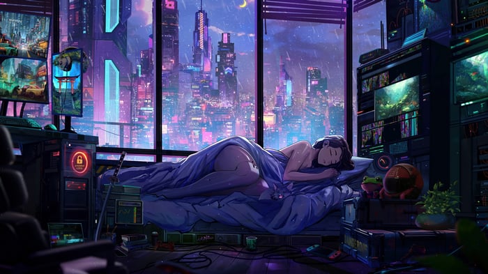 Girl Sleeping in a Cyberpunk City Apartment 4K