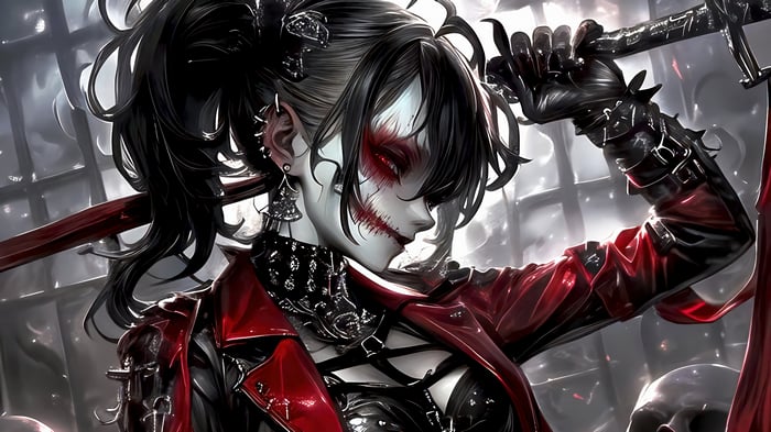 Anime Girl with Clown Makeup and Sword 4K