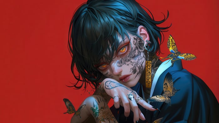 Anime Girl with Tattoos and Butterflies 4K