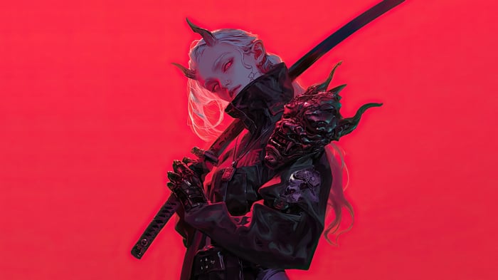 Demon Girl with Katana and Mask 4K
