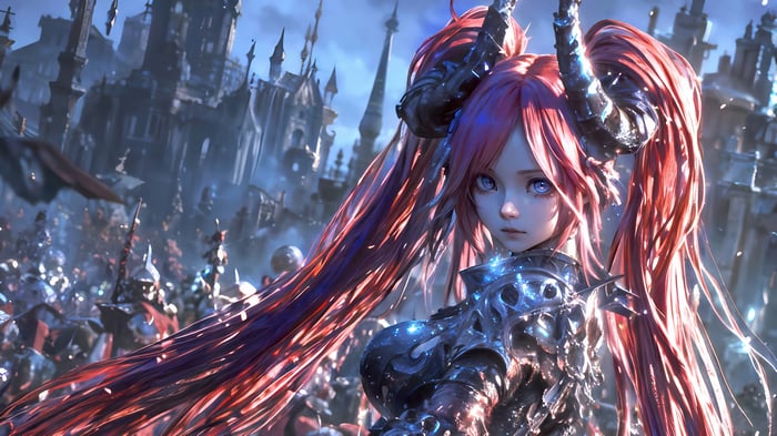 Anime Warrior Girl with Horns in Fantasy City 4K
