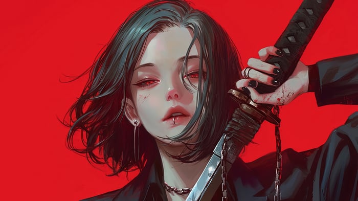Anime Girl with Katana and Red Eyes 4K