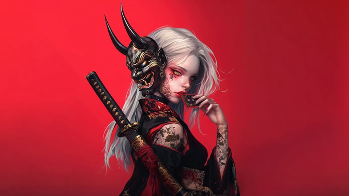 Anime Girl with Demon Mask and Katana 4K