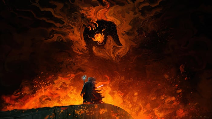 Gandalf and Balrog in a fiery abyss