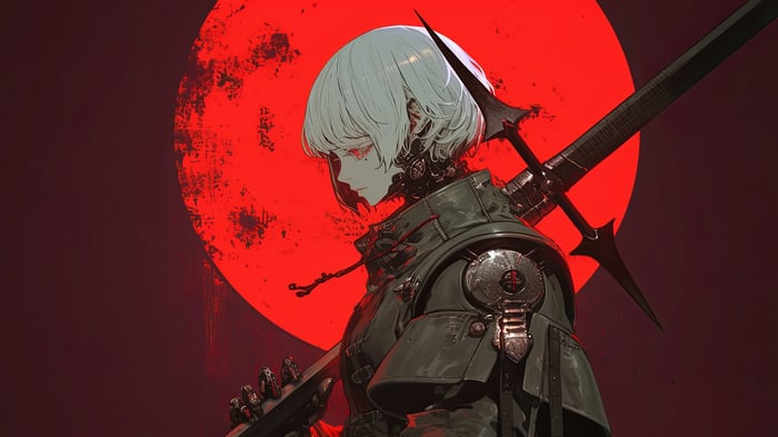 Anime Warrior Girl with Sword and Red Moon 4K