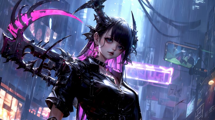 Anime Girl with Sci-Fi Weapon in Rainy City 4K