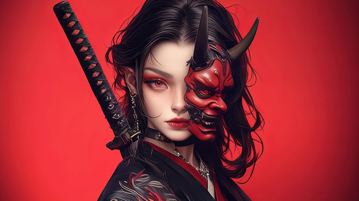 Anime Girl with Oni Mask and Katana 4K