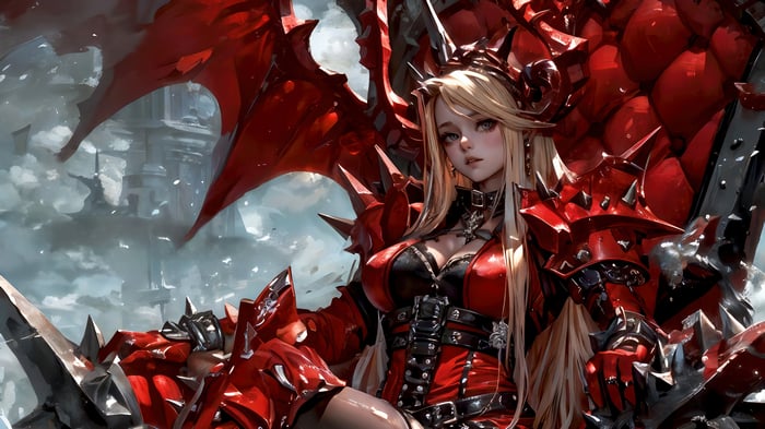 Anime Girl in Red Armor on Throne 4K
