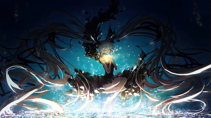 Hatsune Miku in a dark, watery environment with glowing light